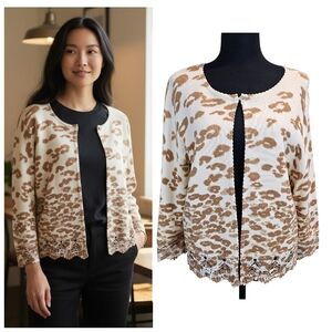 Chico’s Leopard Print Cardigan 12 Lace Hem Neutral Knit Sweater Soft Glam